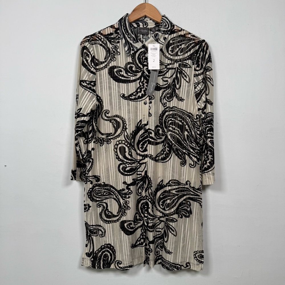 Chico’s Traveler Black/Cream Paisley Long Sleeve Sheer Blouse, Size 2 (L) NWT